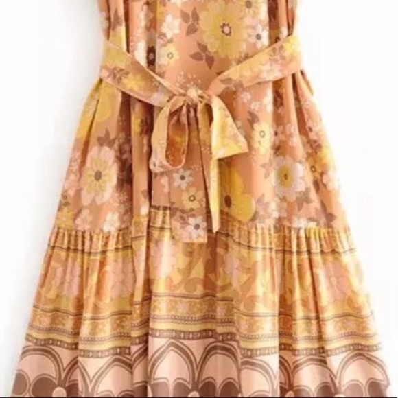 Yellow Orange Tropical Print Mini Dress with Frill Hem 70’s Style - Picture 5 of 11